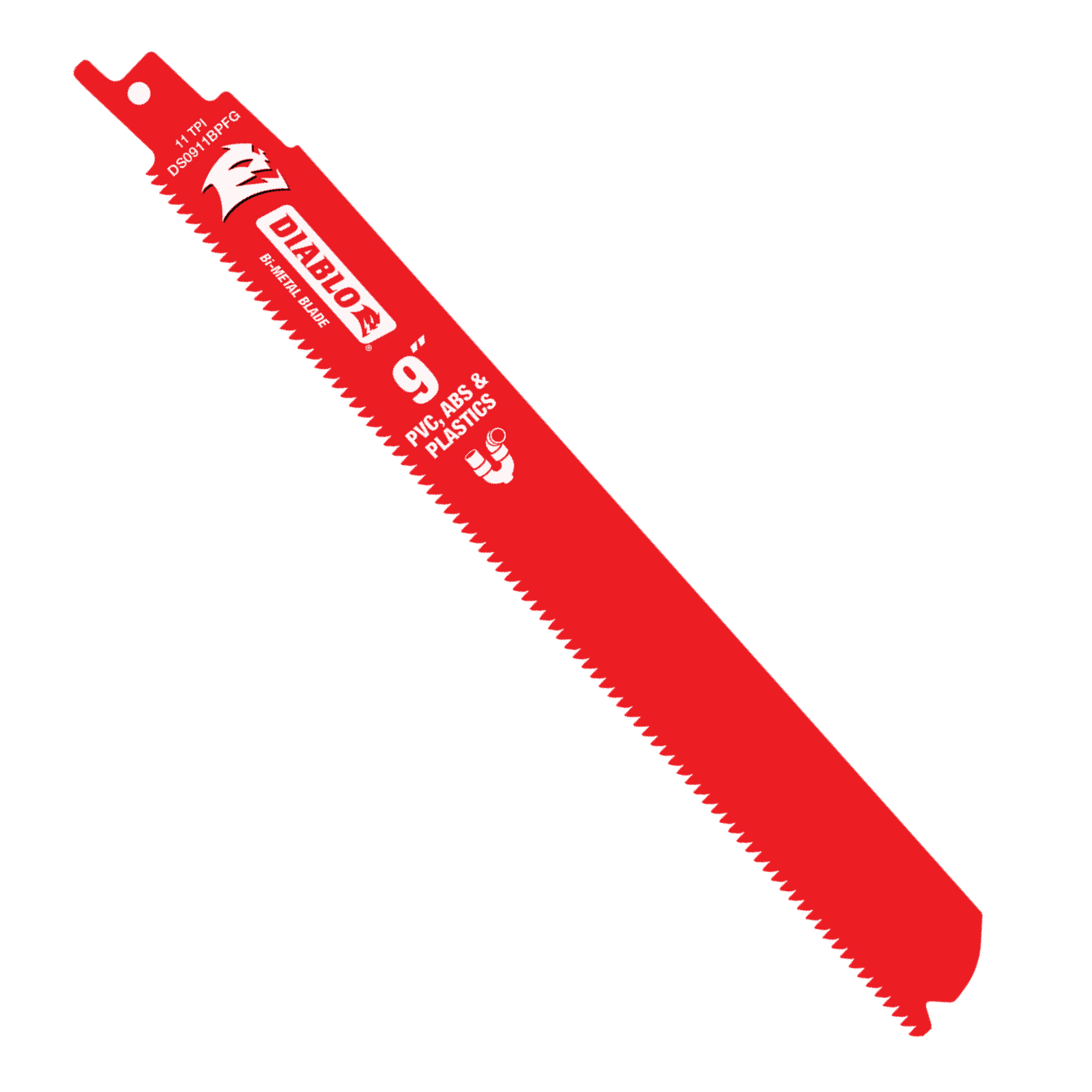 Red Diablo 9 inch reciprocating saw blade with 11 TPI teeth and hanging hole at top.