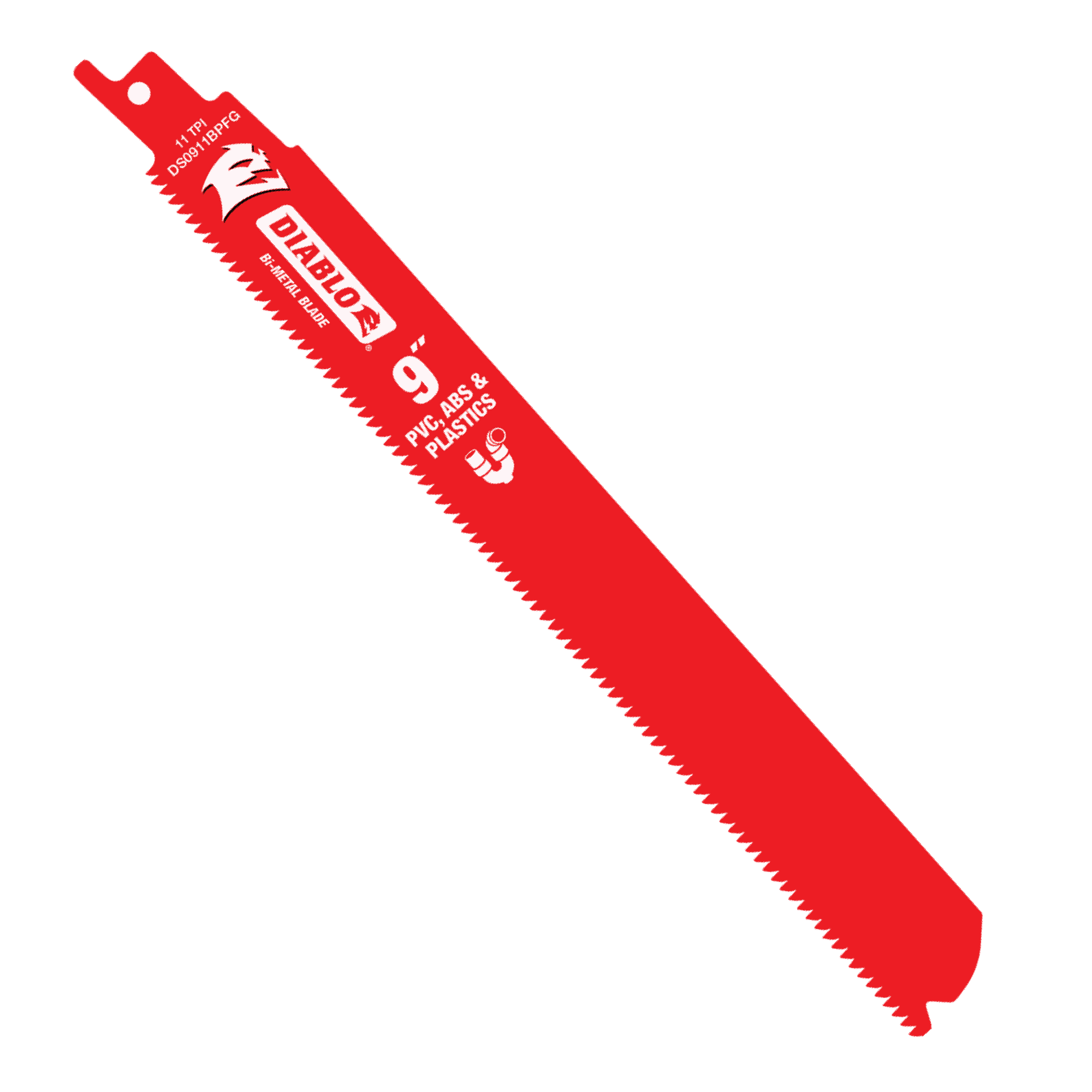 Red Diablo 9 inch reciprocating saw blade with 11 TPI teeth and hanging hole at top.