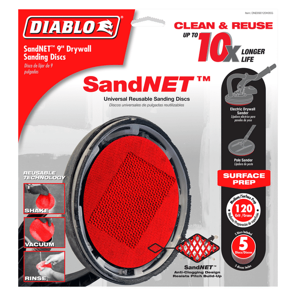 Red and gray 9-inch SandNET drywall sanding disc with mesh surface and black mounting ring, displayed on Diablo packaging.