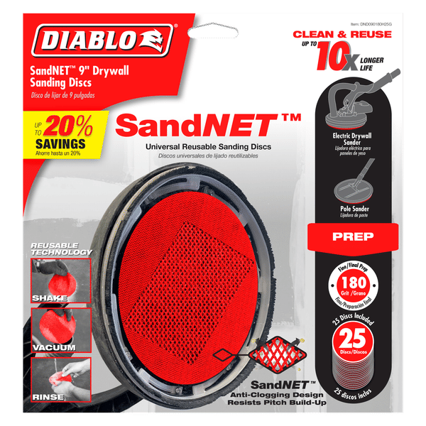 Red 9-inch drywall sanding disc with 180 grit mesh surface and gray attachment rim, pack of 25.