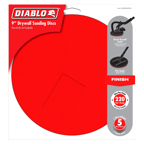 Red circular 9-inch drywall sanding discs with hook and loop backing, 220 grit, 5-pack displayed on packaging.