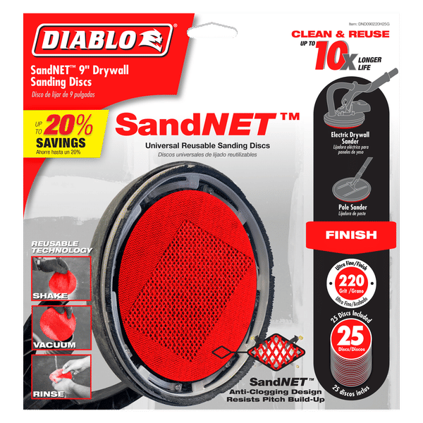 Pack of 25 red SandNET drywall sanding discs, 9 inches diameter, 220 grit ultra fine.