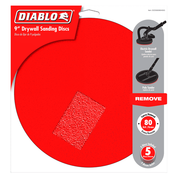 Five red 9-inch drywall sanding discs with 80-grit coarse texture and hook-and-loop backing.