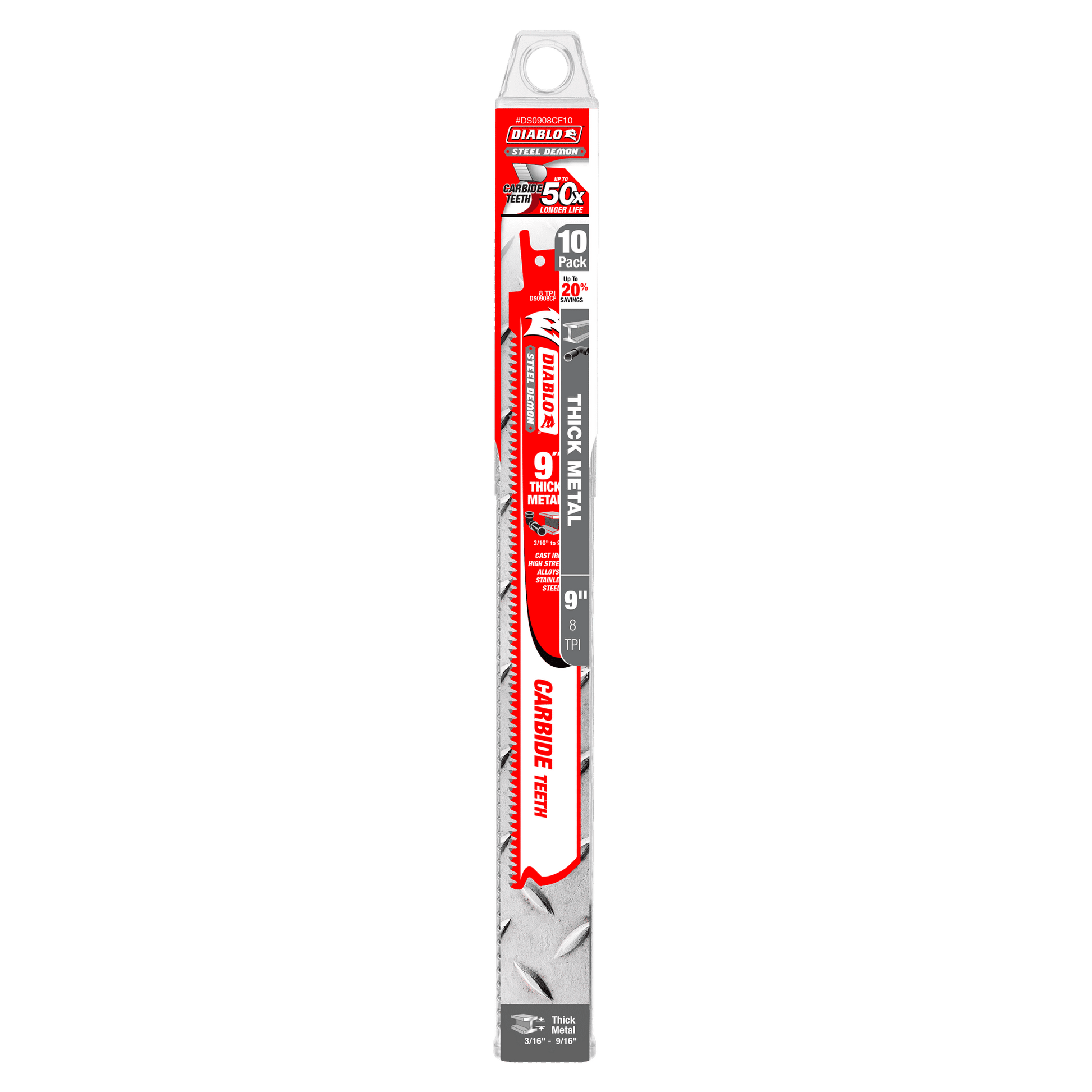 Ten-pack of Diablo Steel Demon 9-inch reciprocating saw blades with carbide teeth and 8 teeth per inch for metal cutting.