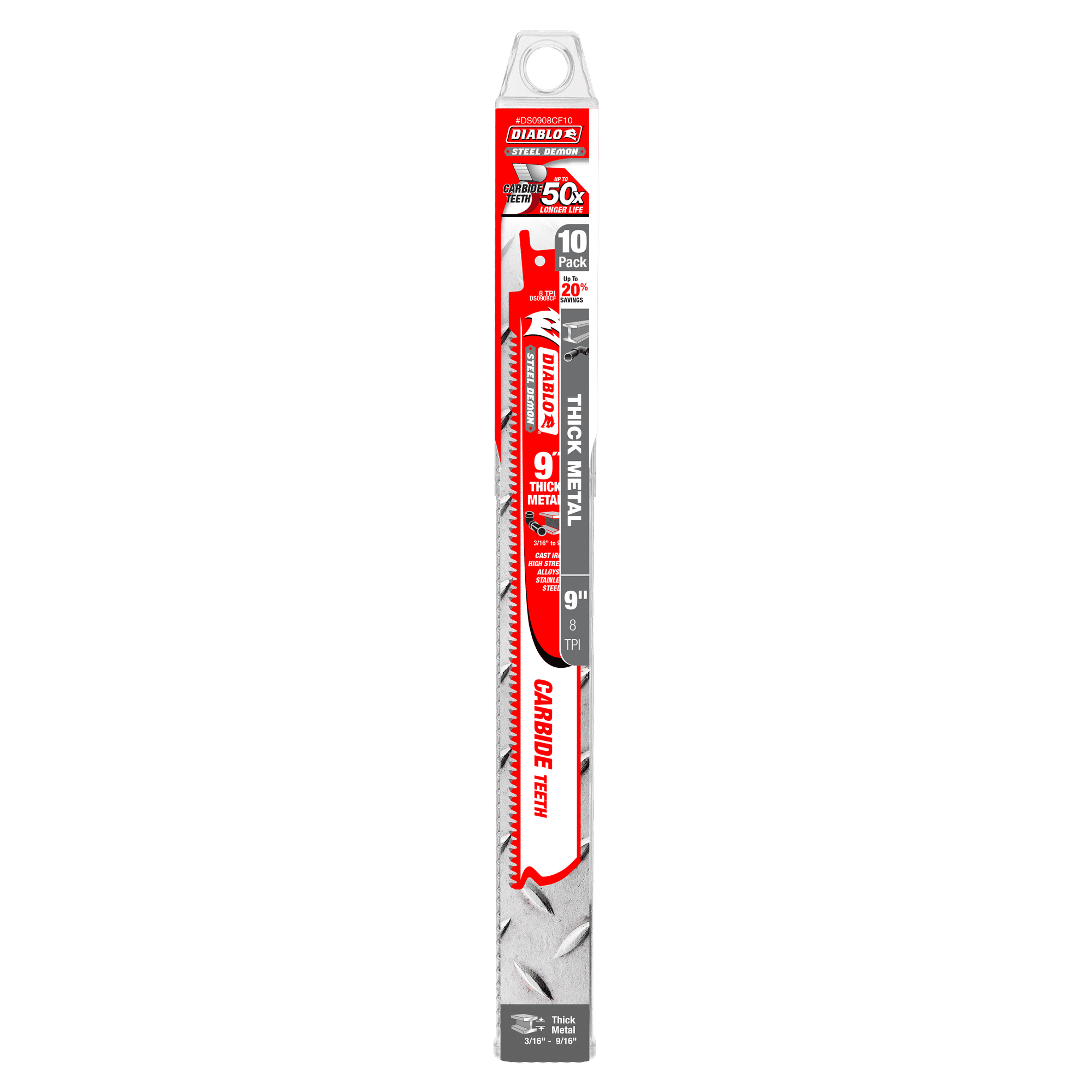 Ten-pack of Diablo Steel Demon 9-inch reciprocating saw blades with carbide teeth and 8 teeth per inch for metal cutting.