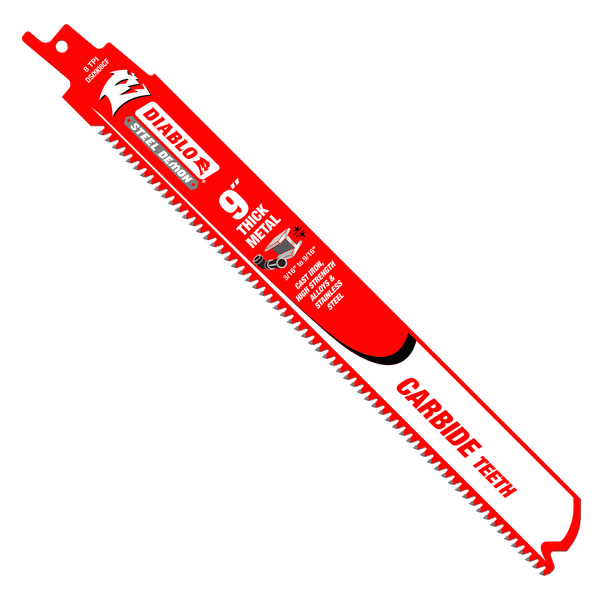 Red and black 9 inch reciprocating saw blade with carbide teeth and mounting slot.