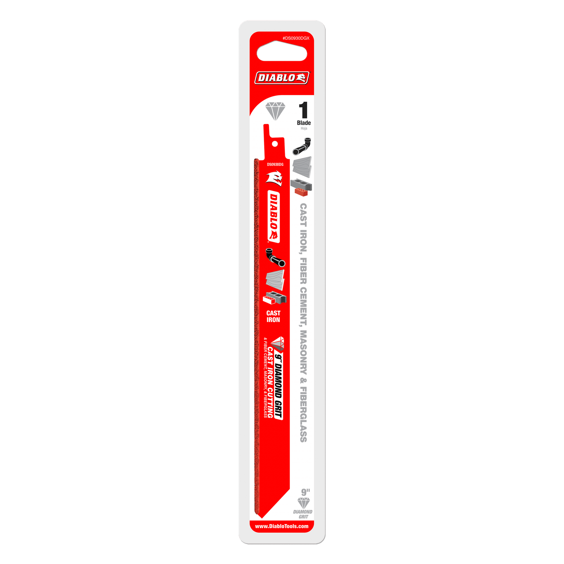 Diablo 9 inch diamond grit reciprocating saw blade in red and white packaging with product specifications and icons displayed