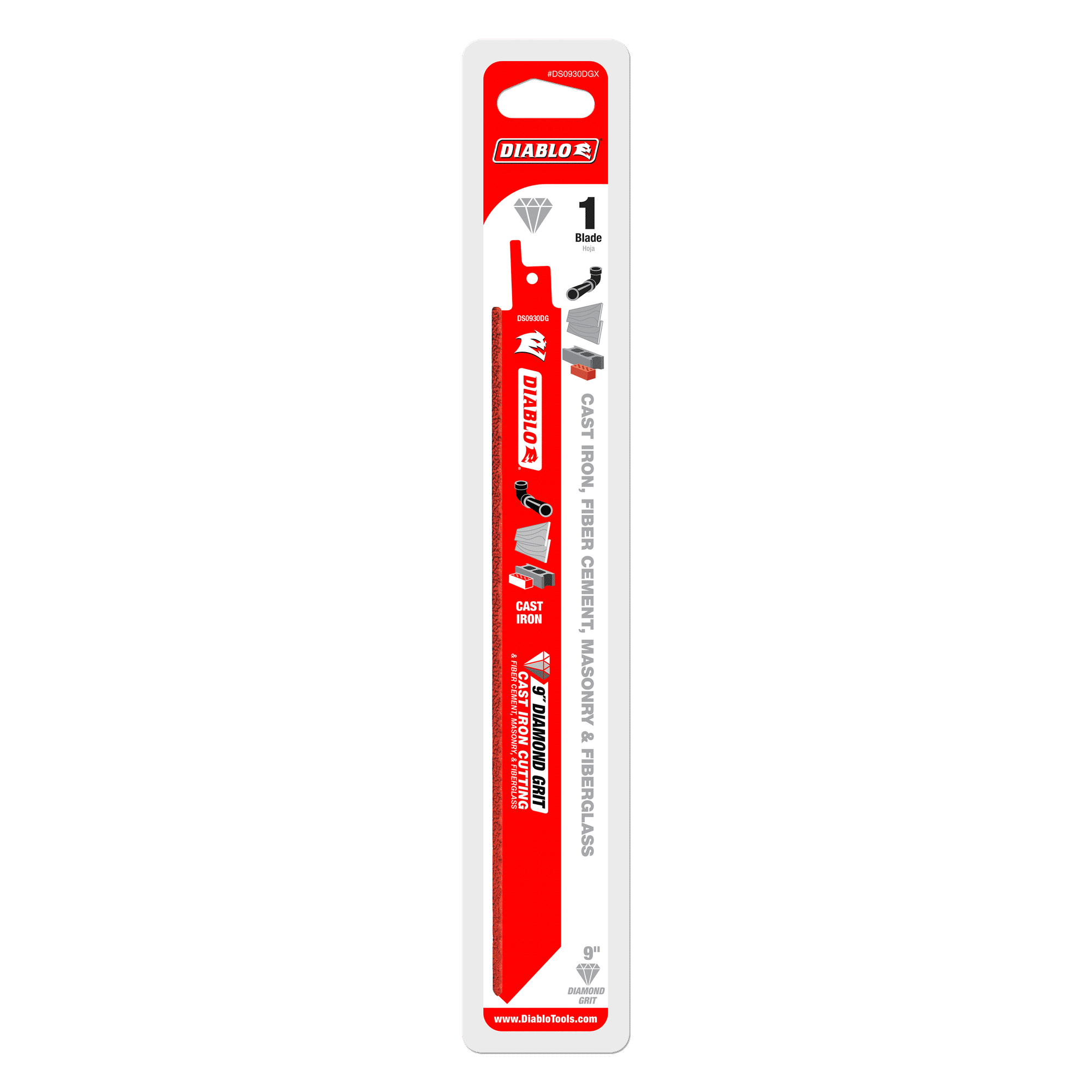 Diablo 9 inch diamond grit reciprocating saw blade in red and white packaging with product specifications and icons displayed