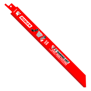 Red Diablo reciprocating saw blade with diamond grit coating and mounting hole at top end.