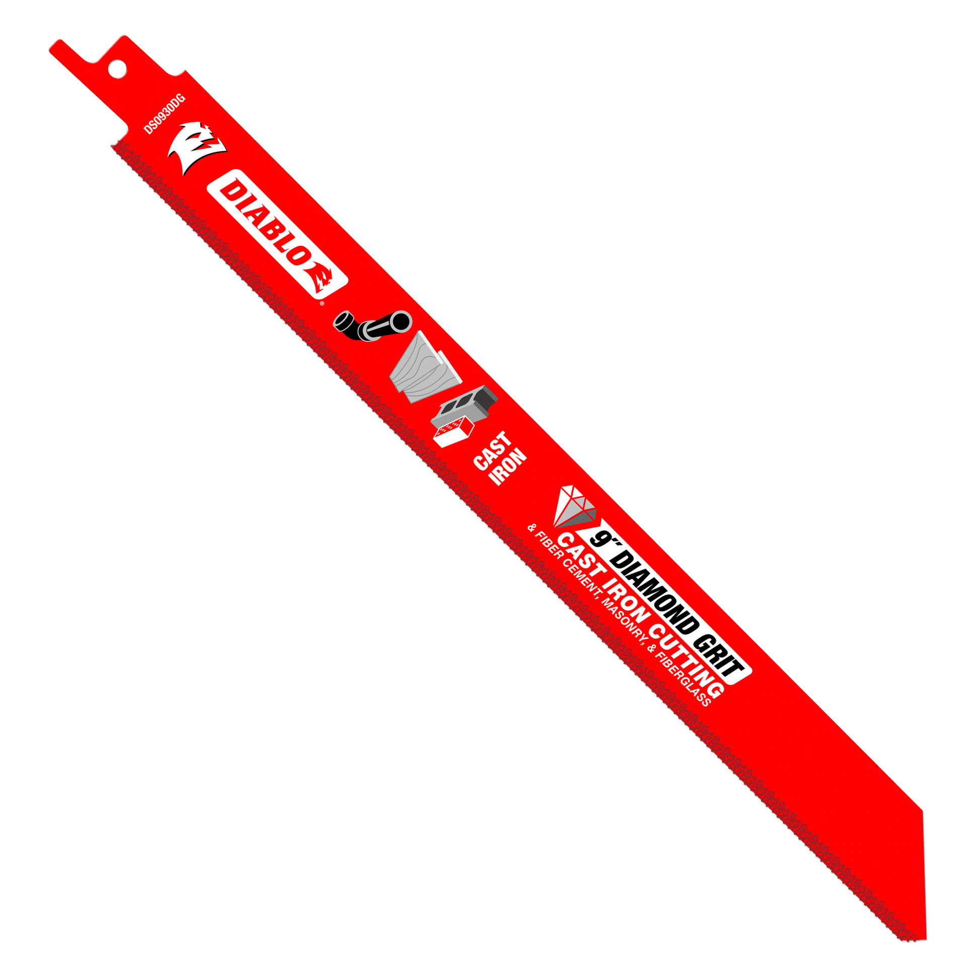 Red Diablo reciprocating saw blade with diamond grit coating and mounting hole at top end.