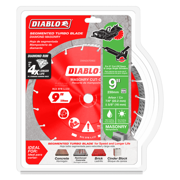 Diablo 9-inch red diamond segmented turbo masonry cut-off disc with white center arbor in clear plastic packaging.