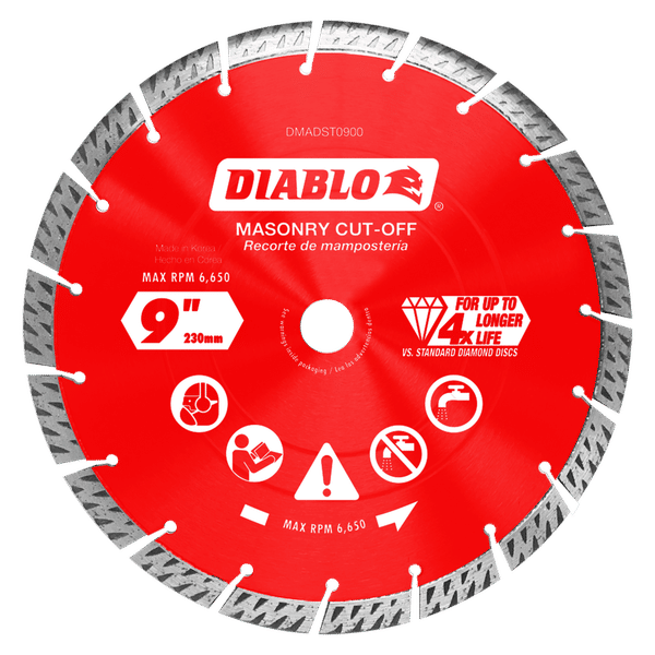 Red diamond segmented cut-off disc with gray serrated edge, 9 inches diameter, labeled for masonry cutting.
