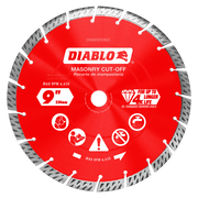 Red circular diamond saw blade with segmented gray cutting edge and white center hole labeled Diablo masonry cut-off disc.