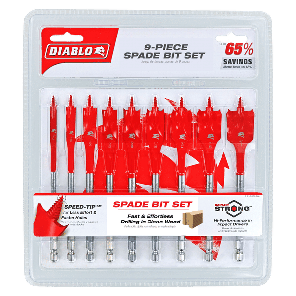 Nine red spade drill bits with metal shanks arranged in a clear plastic case with Diablo branding.