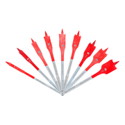 Nine red spade bits with silver shanks arranged in a fan pattern against a white background.