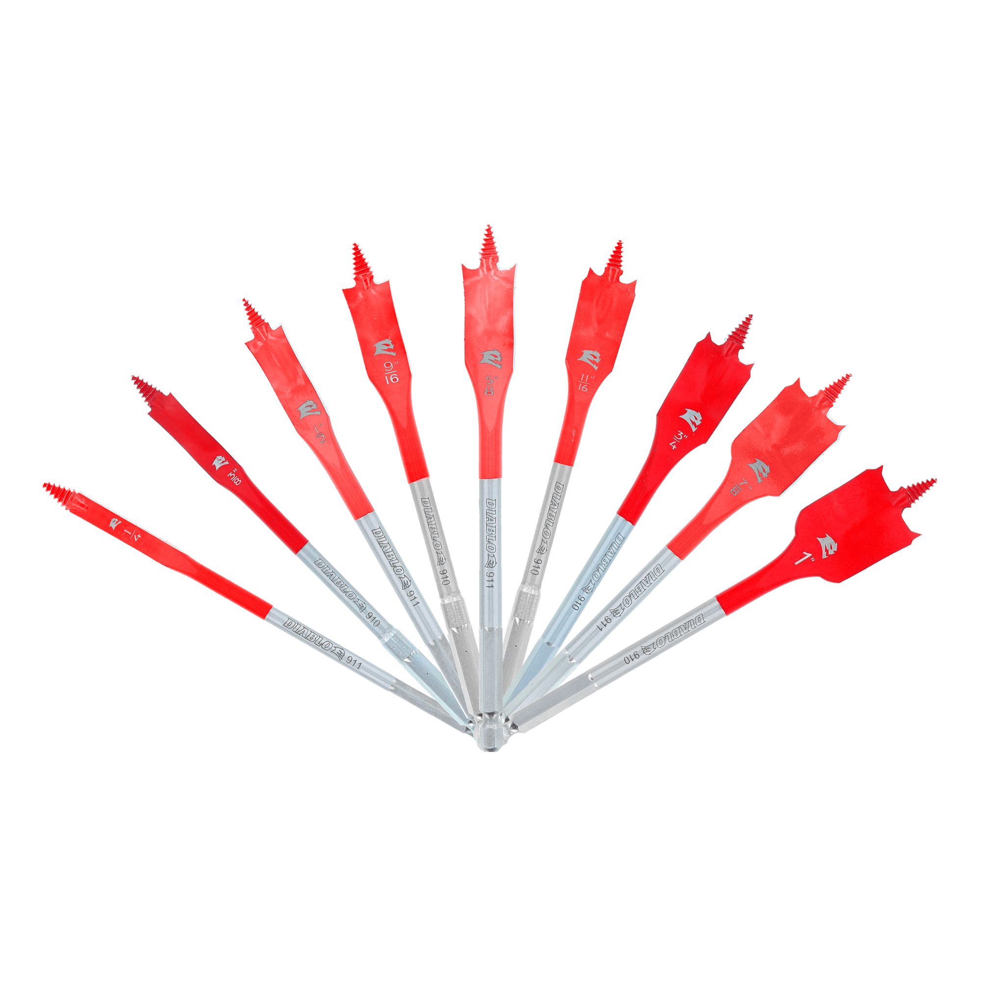 Nine red spade bits with silver shanks arranged in a fan pattern against a white background.