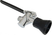 Chrome pre-rinse spray valve with black handles and threaded connection fitting.