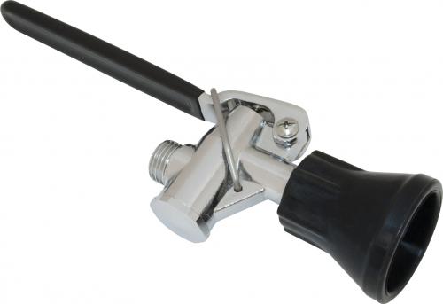 Chrome pre-rinse spray valve with black handles and threaded connection fitting.