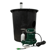Black cylindrical sump basin with green submersible pump, white float switch, and power cord assembly.