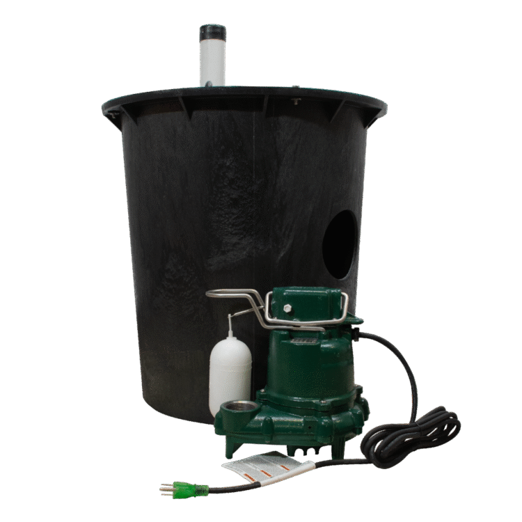 Black cylindrical sump basin with green submersible pump, white float switch, and power cord assembly.