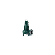 Dark green submersible sump pump with discharge port and lifting handle mounted on top.
