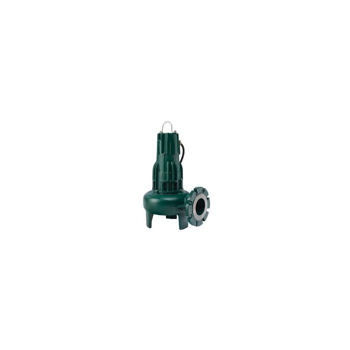 Dark green submersible sump pump with discharge port and lifting handle mounted on top.