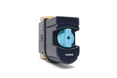 Moen Flo 1 1/4" smart water monitoring device with blue circular display and black housing mounted on wall bracket.