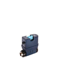 Moen Flo 1 water monitoring device with blue sensor cap and threaded brass connectors on dark gray body.