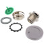 Brushed nickel foot-actuated bath waste drain kit with green lever, metal components, and circular coverplate.