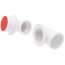 Brushed nickel foot-actuated bath waste kit with white plastic components and red accent piece.