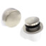 Brushed nickel foot-actuated bath waste drain components with white cap and black actuator button.