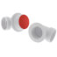 Chrome-plated foot actuated bath waste drain components with red center piece and white plastic fittings.