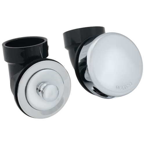 Chrome-plated push-pull bath waste kit with white stoppers and black overflow tubes for tubs up to 16 inches.