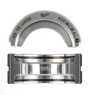 Milwaukee 600 MCM aluminum U-style die for cable crimping tool, shown from top and side view.