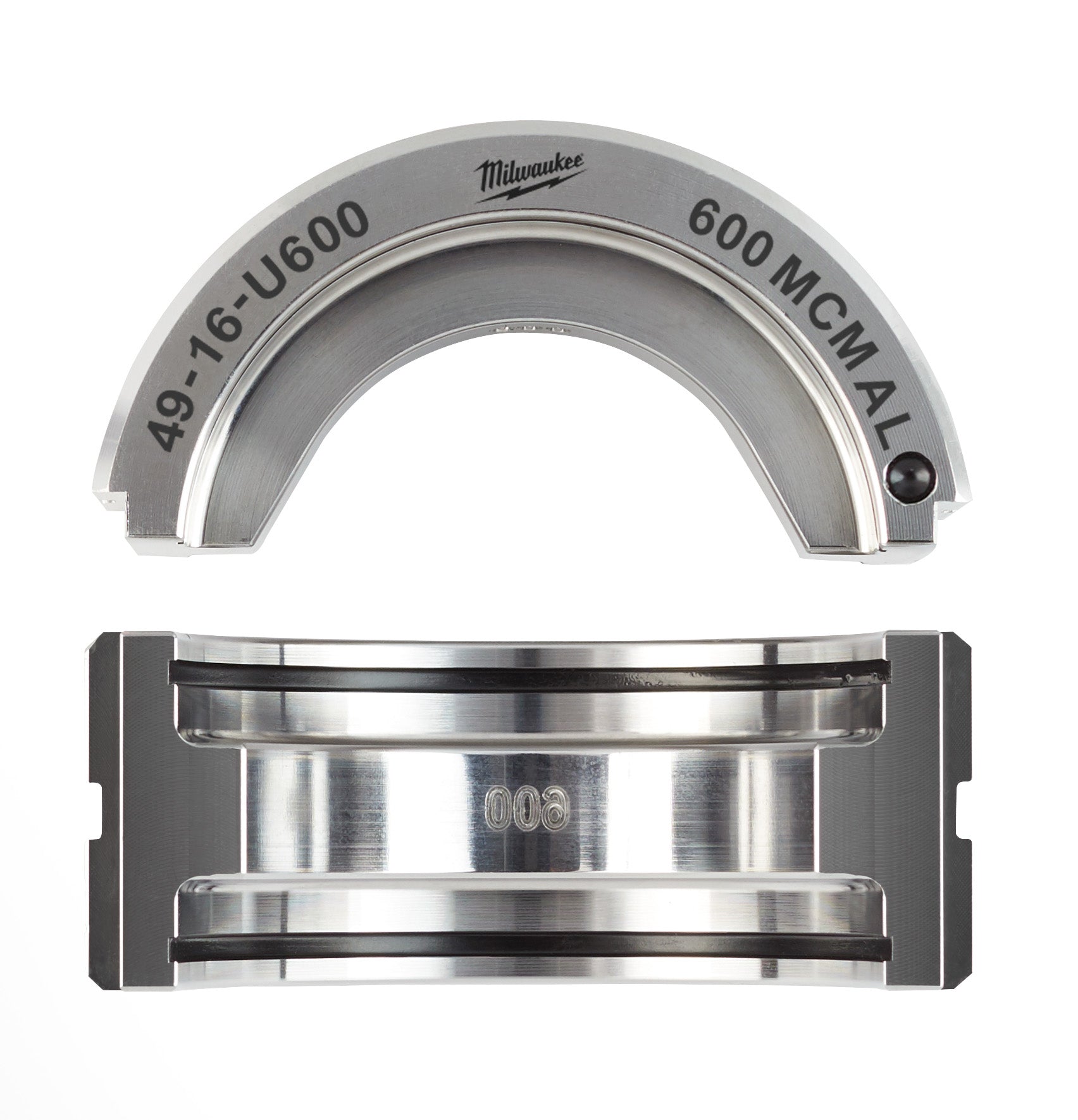 Milwaukee 600 MCM aluminum U-style die for cable crimping tool, shown from top and side view.
