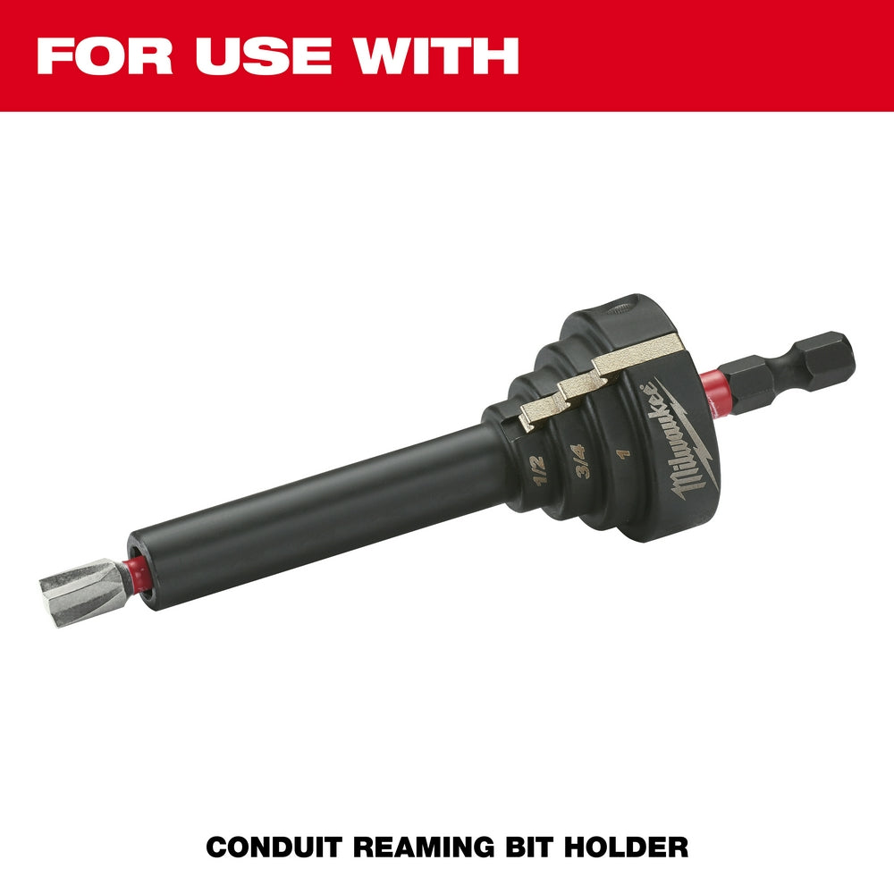 Black Milwaukee conduit reaming bit holder with multiple blade sizes marked on the head and red accents.