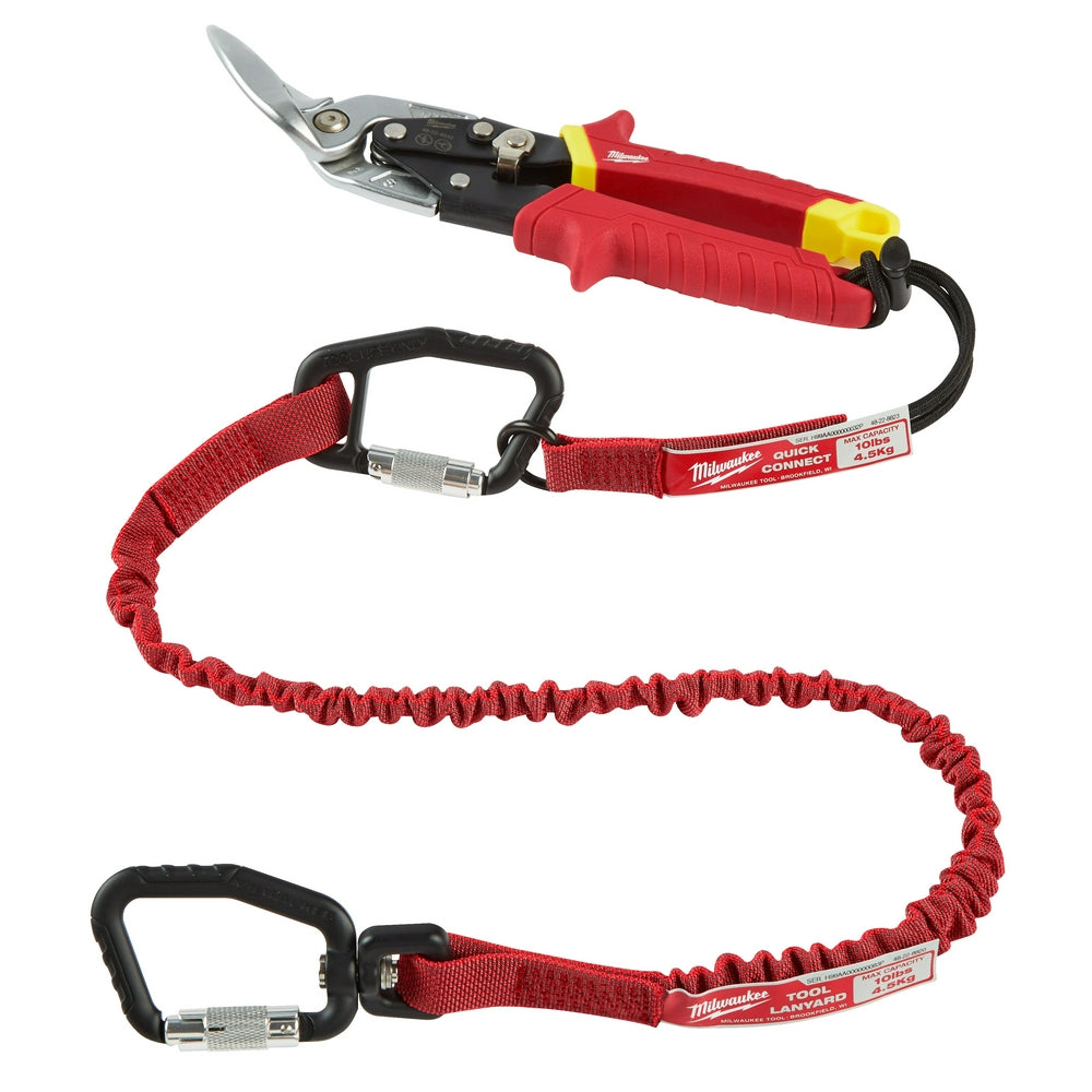 Three-piece Milwaukee quick-connect accessory set with pruning tool, carabiner, and two red elastic lanyards with connectors.