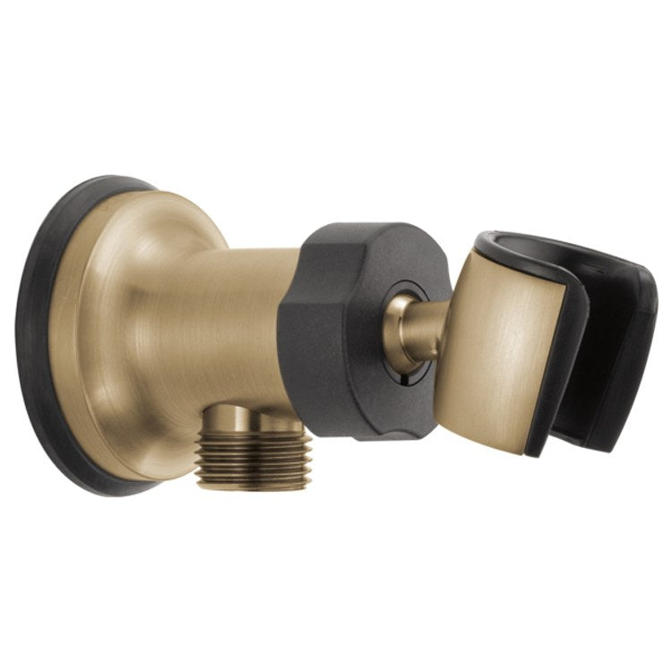 Champagne bronze wall-mounted elbow connector with adjustable black holder and threaded outlet for shower systems.