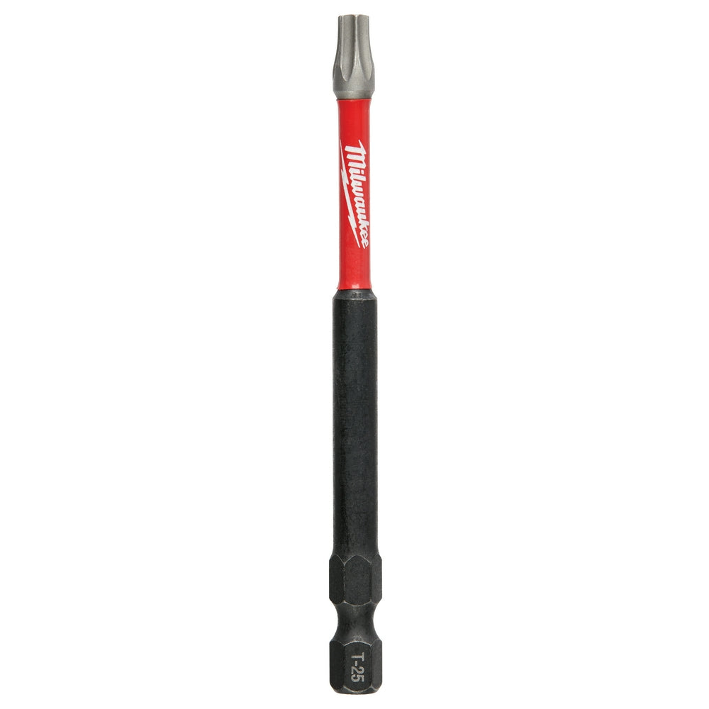 Milwaukee Shockwave T25 impact bit with red and black shaft, 3-1/2 inches long.