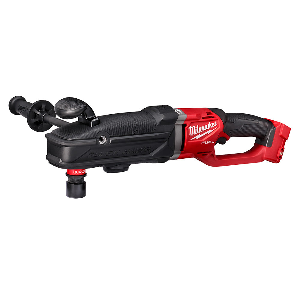 Milwaukee M18 FUEL right angle drill with red and black housing, black grip, and attached mixer paddle on left side.