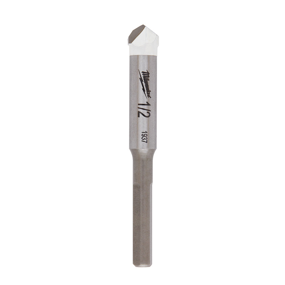 Milwaukee 1/2 in. tile and stone drill bit with carbide tip and metal shaft marked with model number.