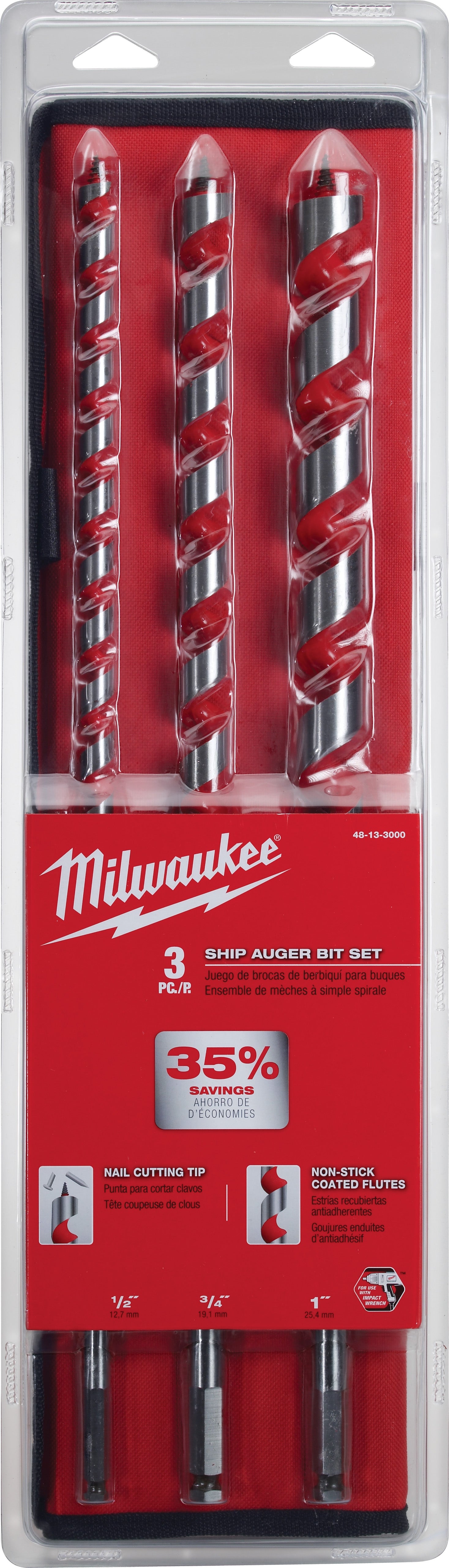 Three red and silver ship auger bits with spiral flutes in clear plastic case with red insert.