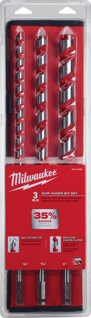 Three red and silver ship auger bits with spiral flutes in clear plastic case with red insert.