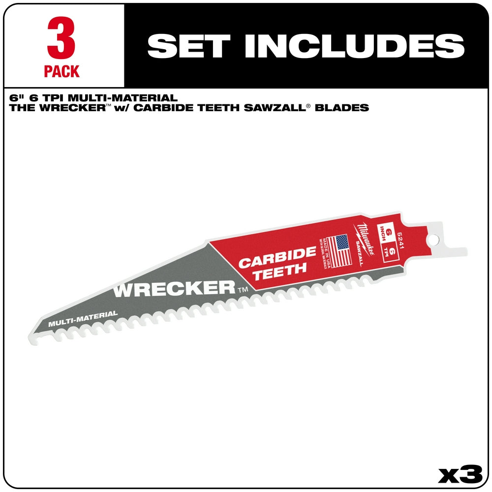 Three 6" SAWZALL blades with carbide teeth and red packaging featuring "The Wrecker" branding.