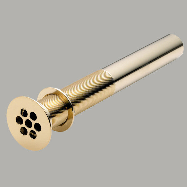 Polished nickel sink grid drain with round strainer basket and seven drainage holes.