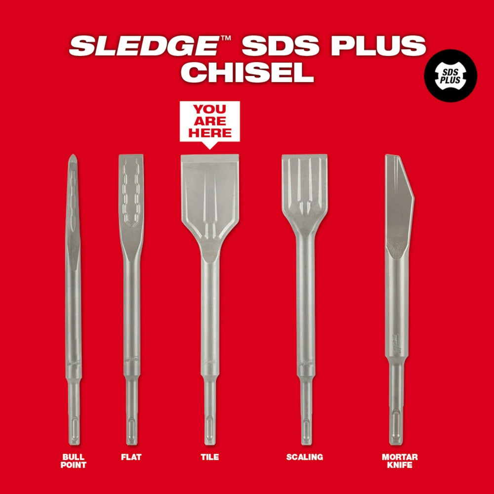 Milwaukee SDS Plus tile chisel with flat steel head and cylindrical shank, center chisel in product lineup on red background.
