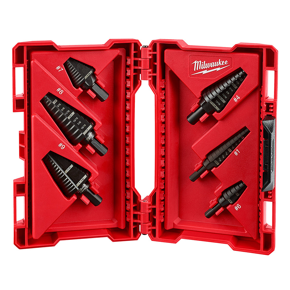 Six black step drill bits arranged in red Milwaukee case with numbered size indicators.