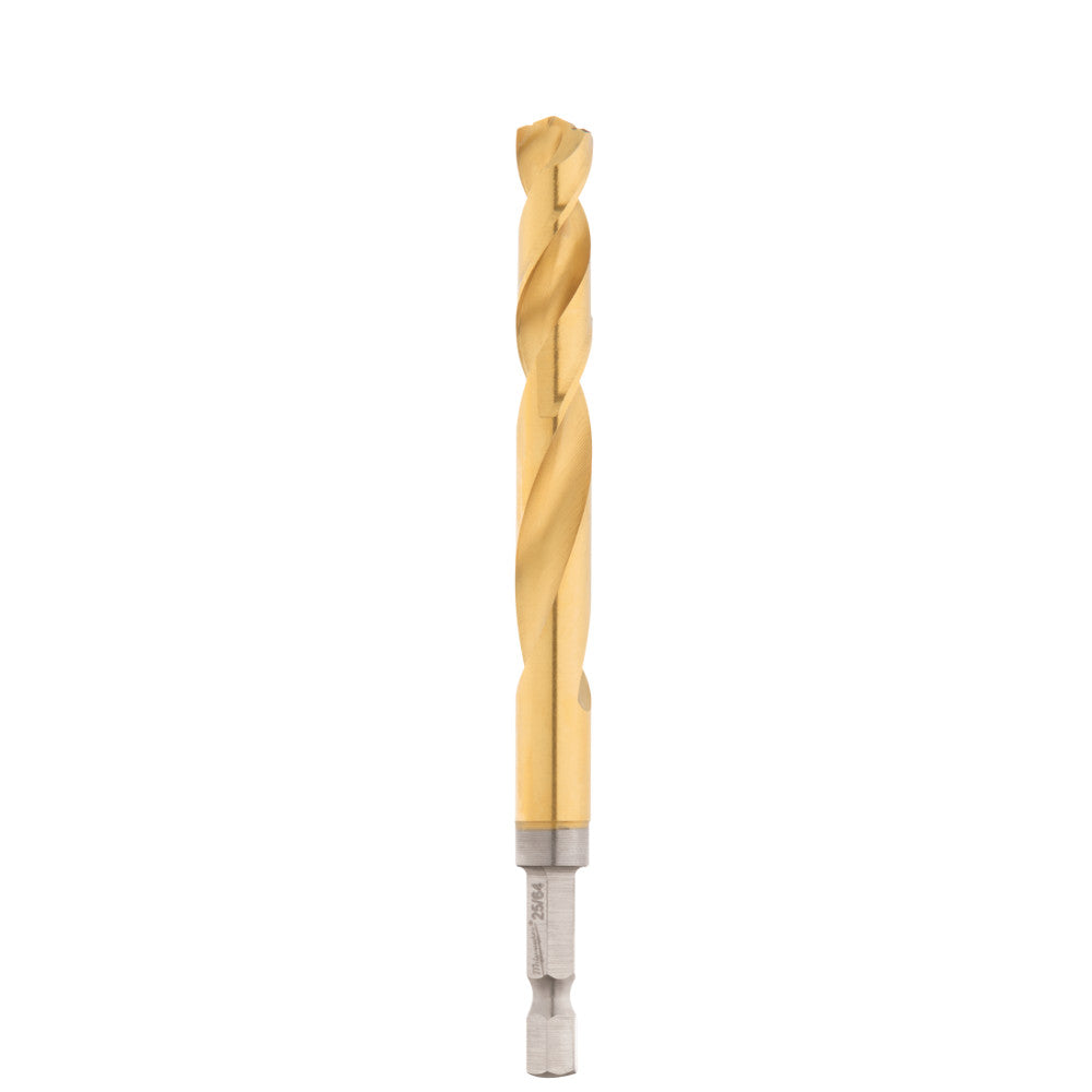 Gold titanium twist drill bit with hex shank, displayed vertically against white background.