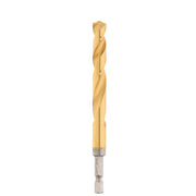 Gold titanium twist drill bit with hex shank, displayed vertically against white background.