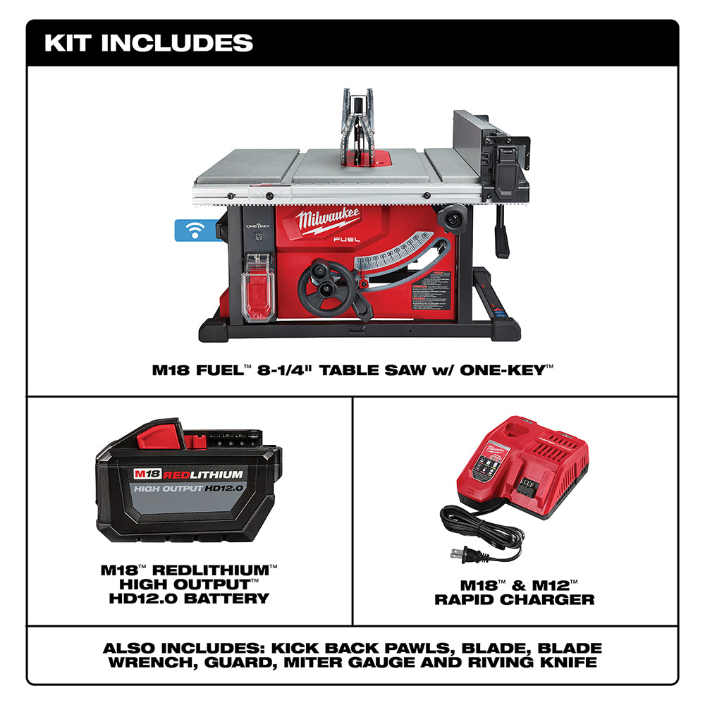 Milwaukee M18 FUEL 8-1/4" table saw with red and black body, aluminum top, blade guard, and included battery and charger.